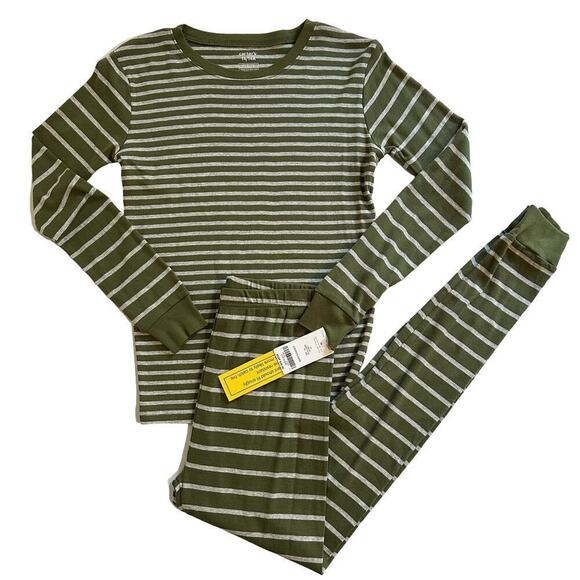 NWT Carter’s 2pc Olive Green Striped Pajama Set Unisex 14 - Picture 1 of 9